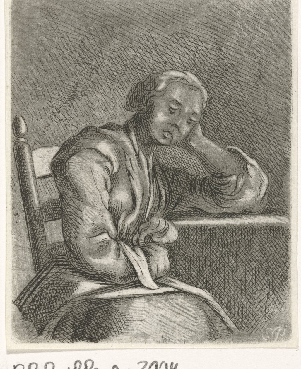 Chica durmiendo en la mesa de Caspar Jacobsz. Philips