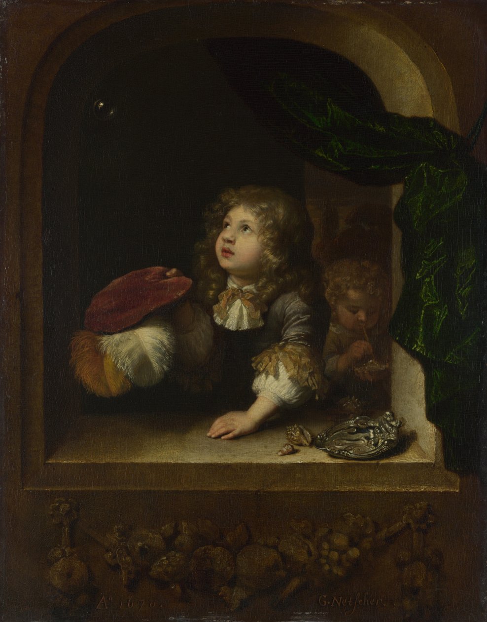 Dos niños soplando burbujas, c. 1670 de Caspar Netscher