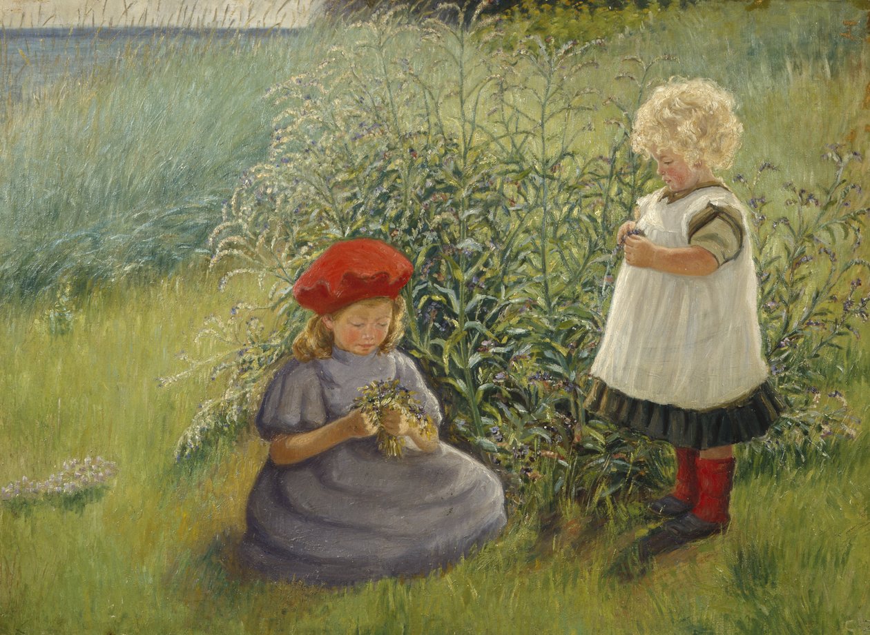 Dos niñas recogiendo flores (óleo sobre lienzo) de Cathrine Zernichow