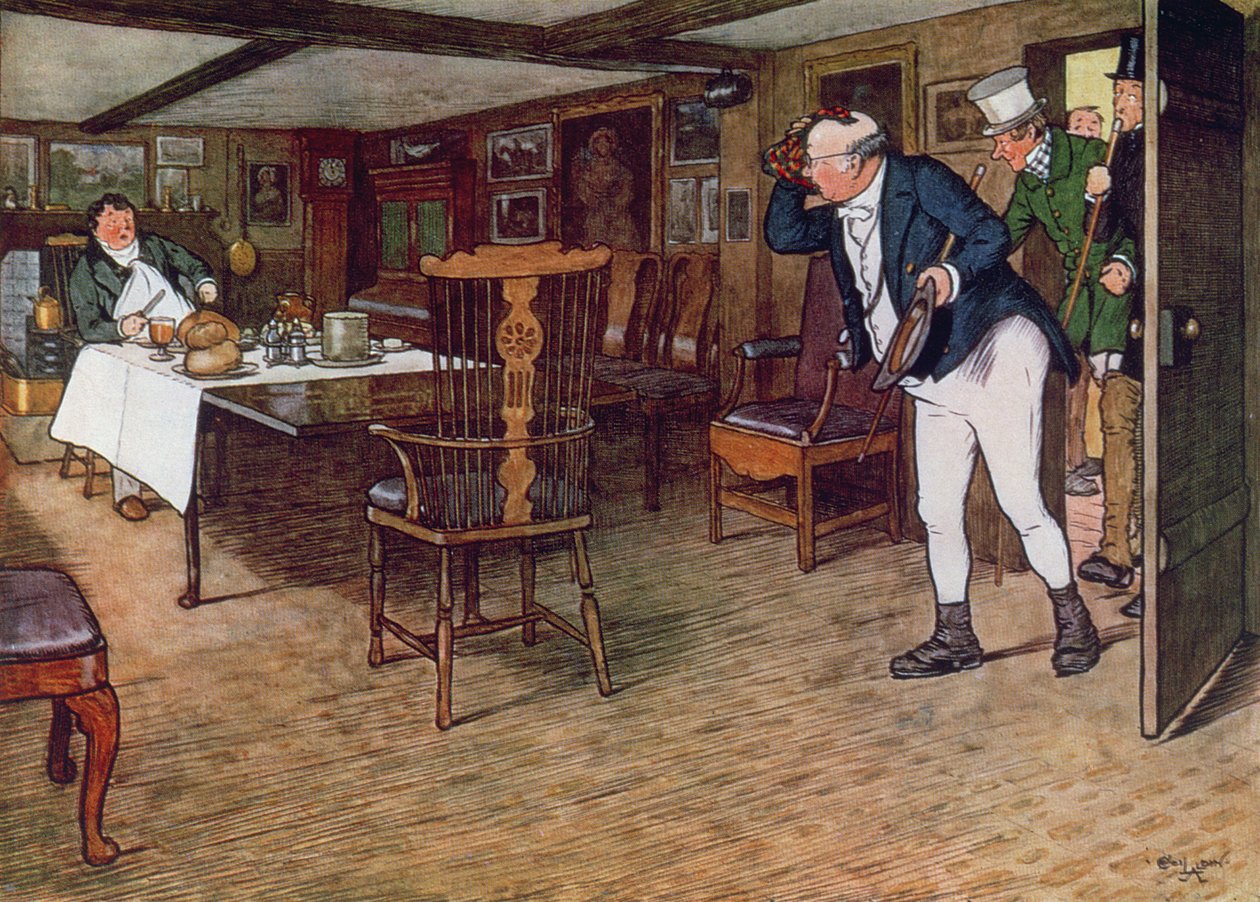 El Sr. Pickwick encuentra al Sr. Tupman almorzando en la Botella de Cuero, Cobham, 1910 de Cecil Charles Windsor Aldin