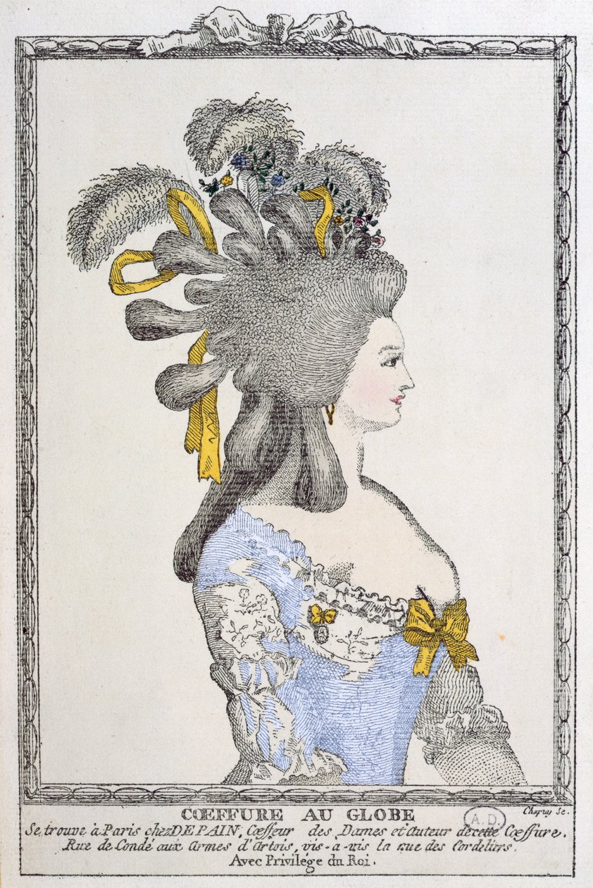 Coiffure au Globe, c.1780 (grabado en color) de Chapuy