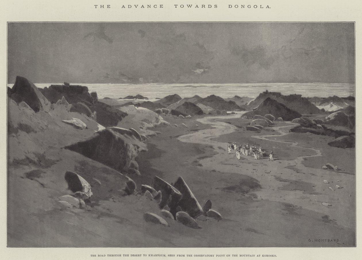 El avance hacia Dongola, el camino a través del desierto hacia Jartum, visto desde el punto de observación en la montaña en Korosko de Charles Auguste Loye