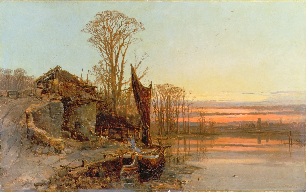 Paisaje con una cabaña en ruinas al atardecer, 1898 de Charles Branwhite