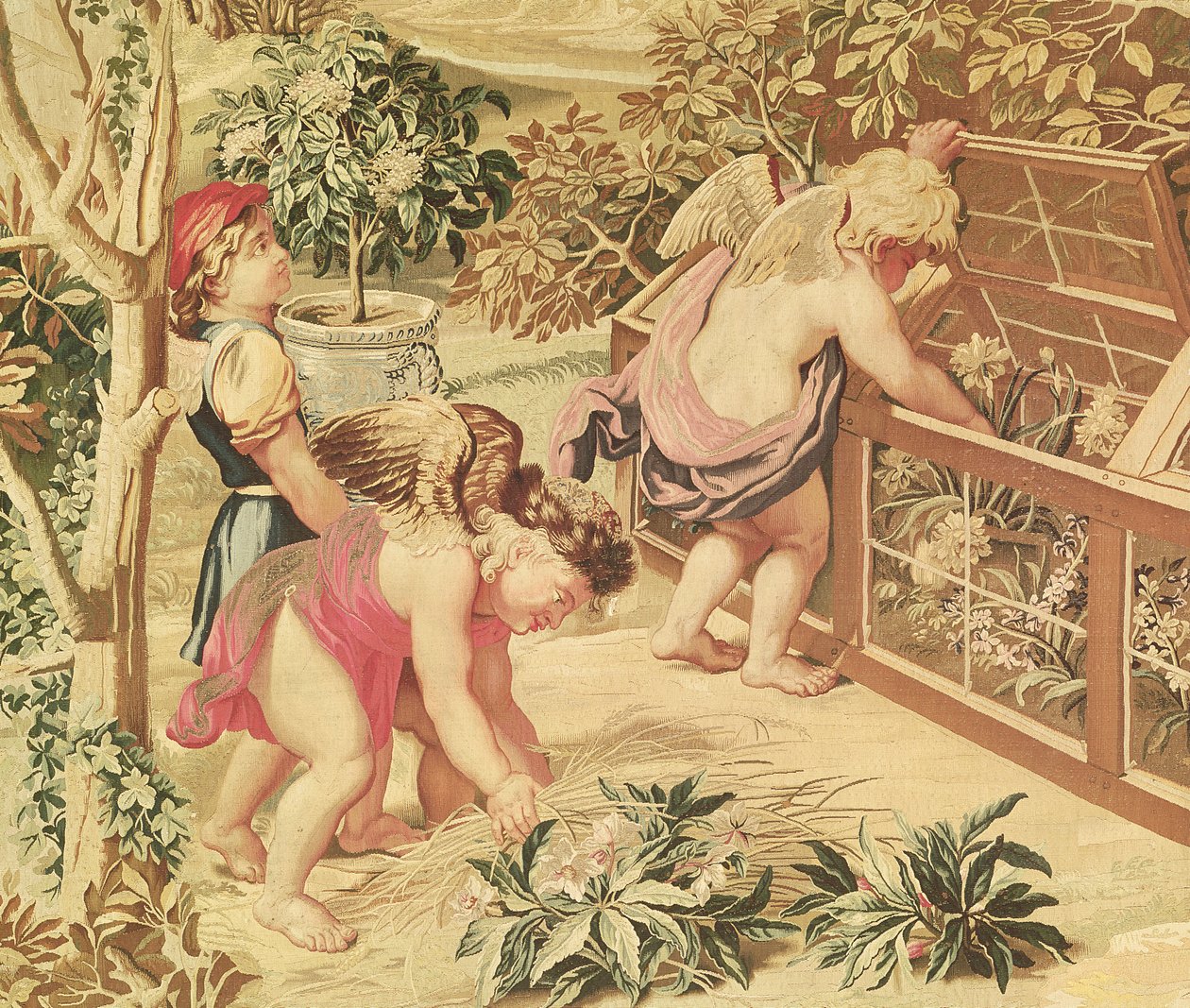 Niños jardineros (después de un cartón de Le Brun), tejido en el Atelier des Gobelins (tapiz de lana) de Charles Le Brun
