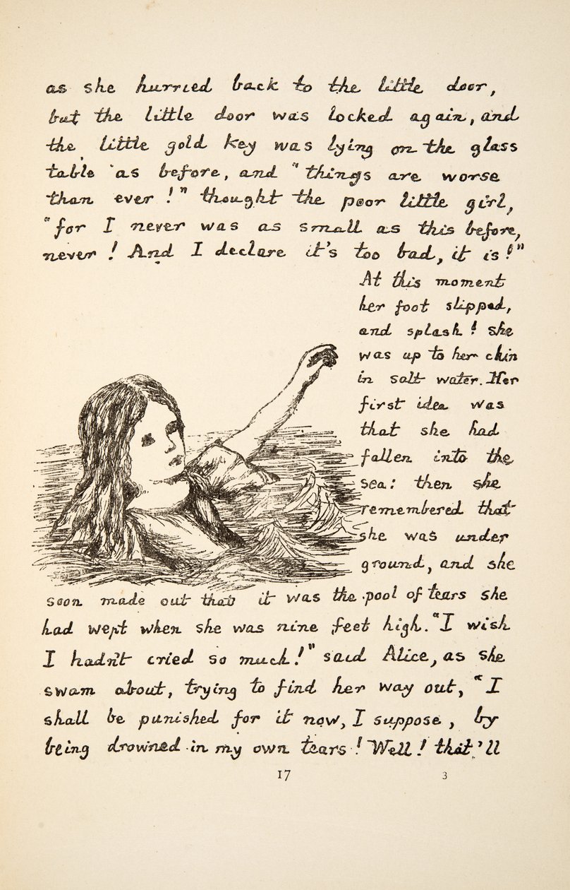 Alicia cae en el charco de lágrimas, ilustración de Las aventuras de Alicia bajo tierra, publicado en 1886 de Charles Lutwidge Dodgson