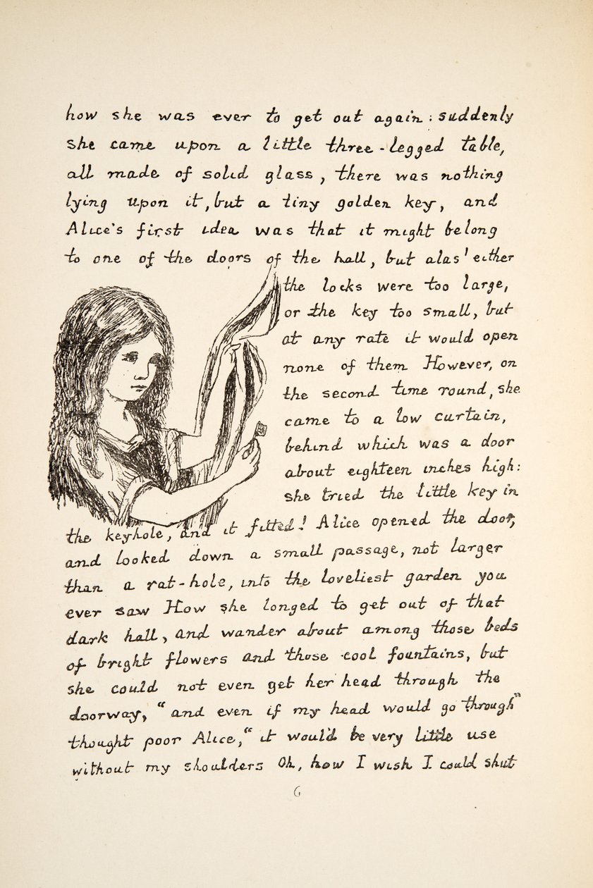 Alicia encuentra la llave dorada, ilustración de Las aventuras de Alicia bajo tierra, publicado en 1886 de Charles Lutwidge Dodgson