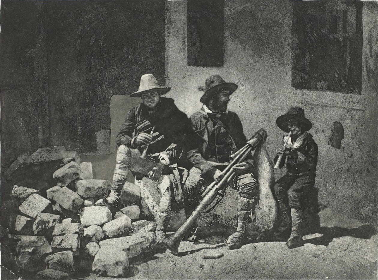 Pifferari sentados, músicos callejeros italianos (en el patio, 21 Quai de Bourbon) de Charles Nègre