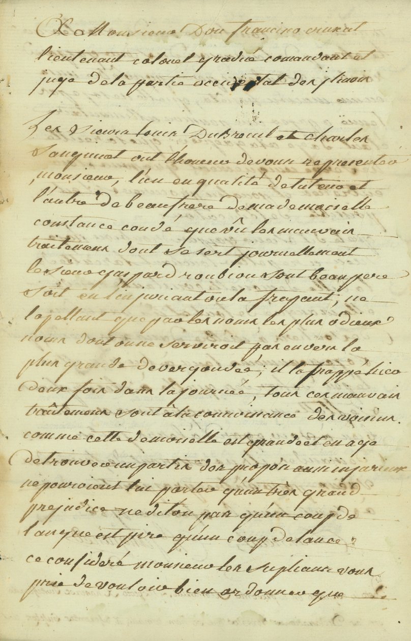 Petición a Monsieur Don Francisco de Cruzat, Teniente Coronel graduado de Charles Sanguinet
