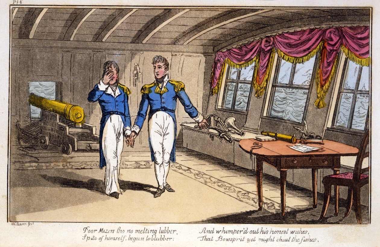 Pobre Mizen, aunque no es un marinero derretido... de Las aventuras de un capitán de correos, por un oficial naval, pub. 1820 de Charles Williams