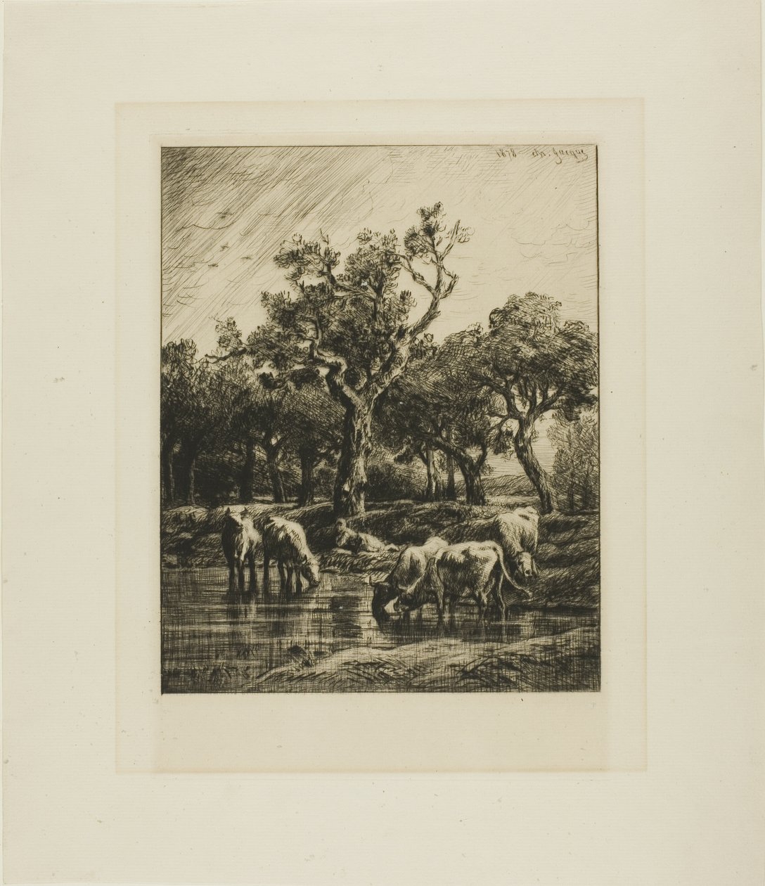 Vacas en un abrevadero de Charles Emile Jacque