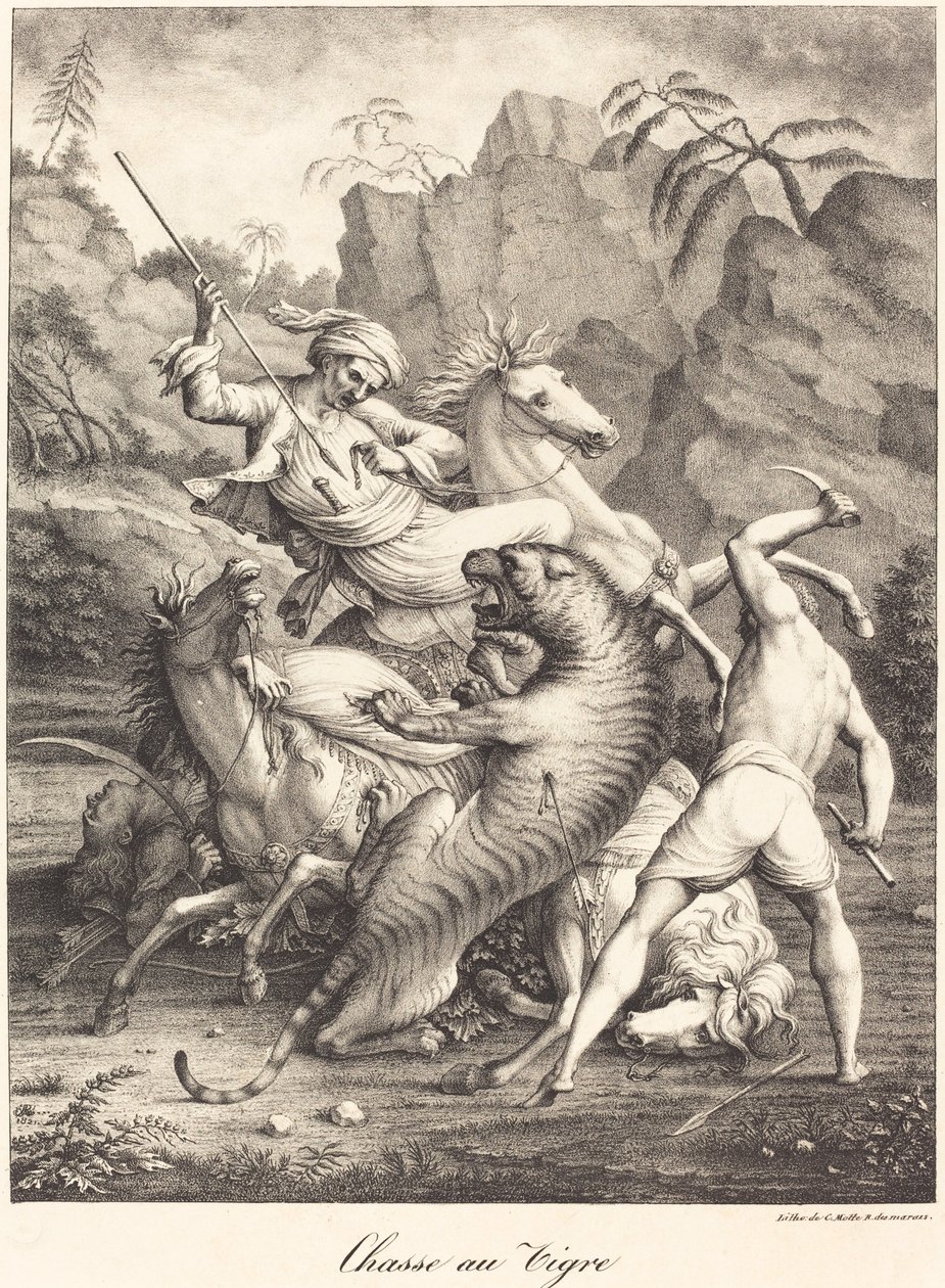 Caza de tigres de Charles Etienne Pierre Motte after Auguste Jacques Regnier