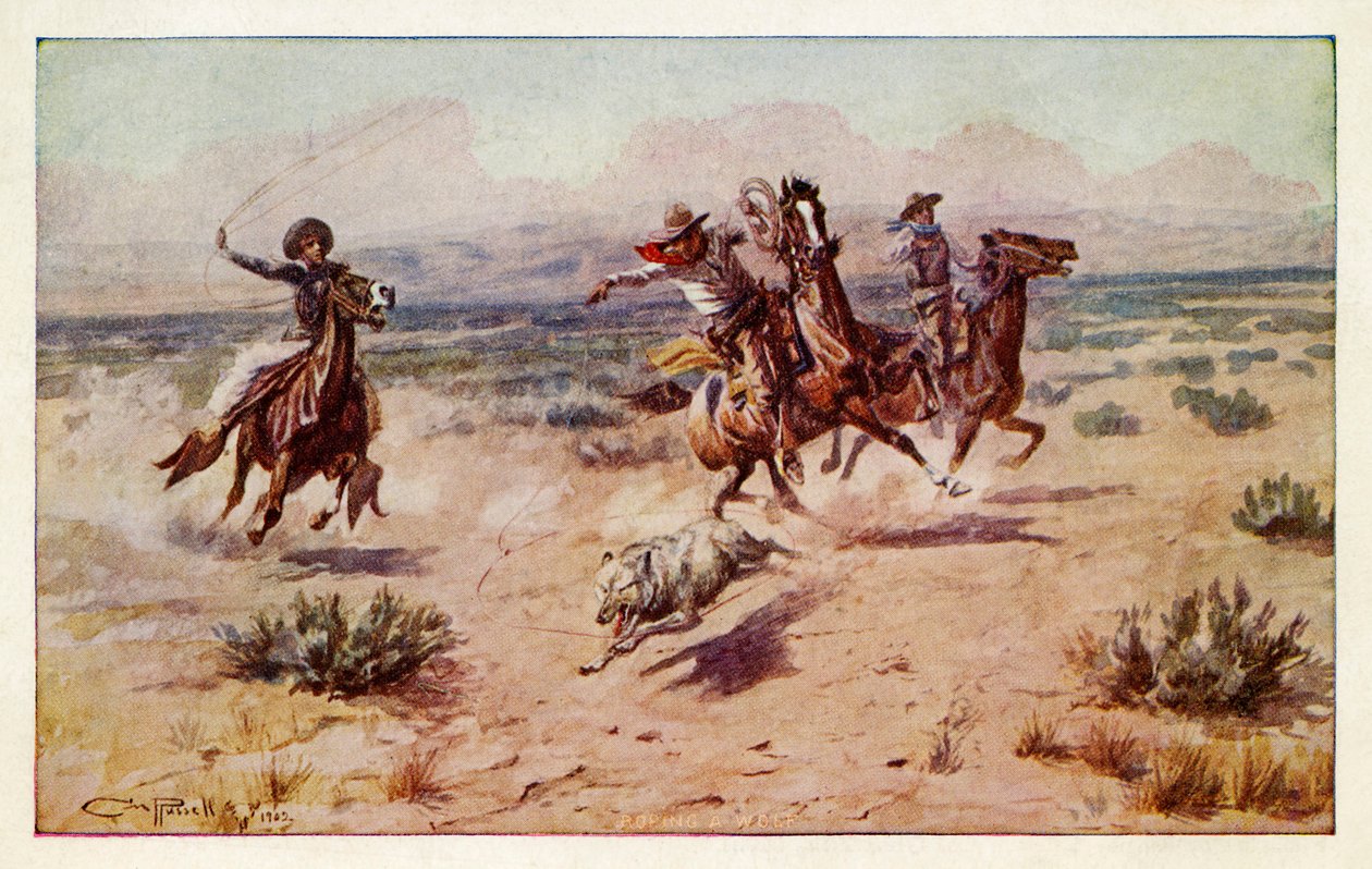 Vaqueros persiguiendo a un lobo de la pradera de Charles Marion Russell
