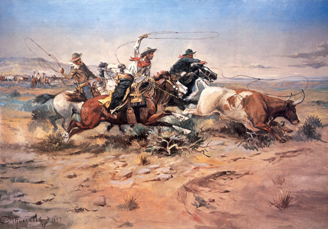 Vaqueros lazando un novillo de Charles Marion Russell