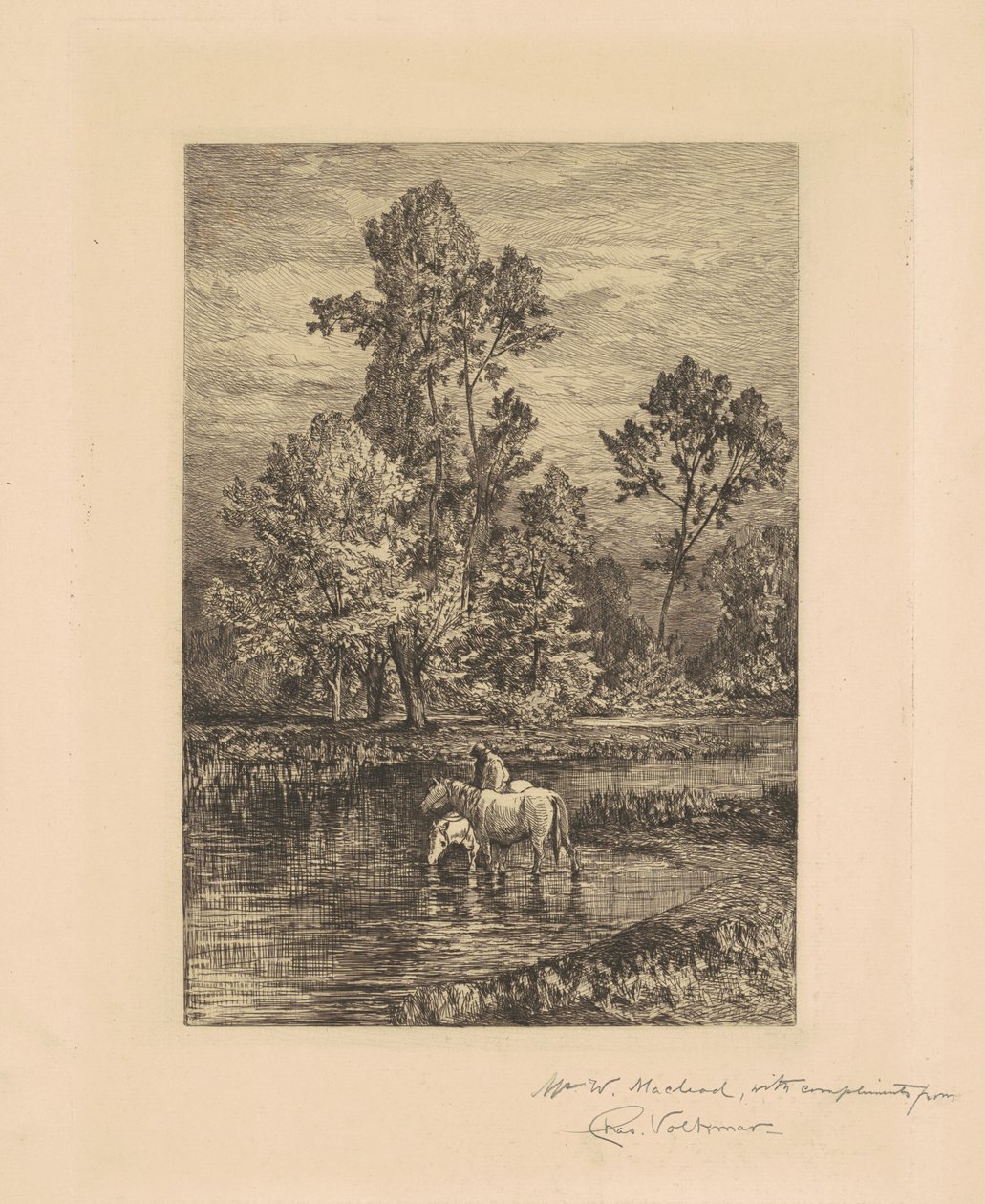 Paisaje con caballos bebiendo de Charles Volkmar