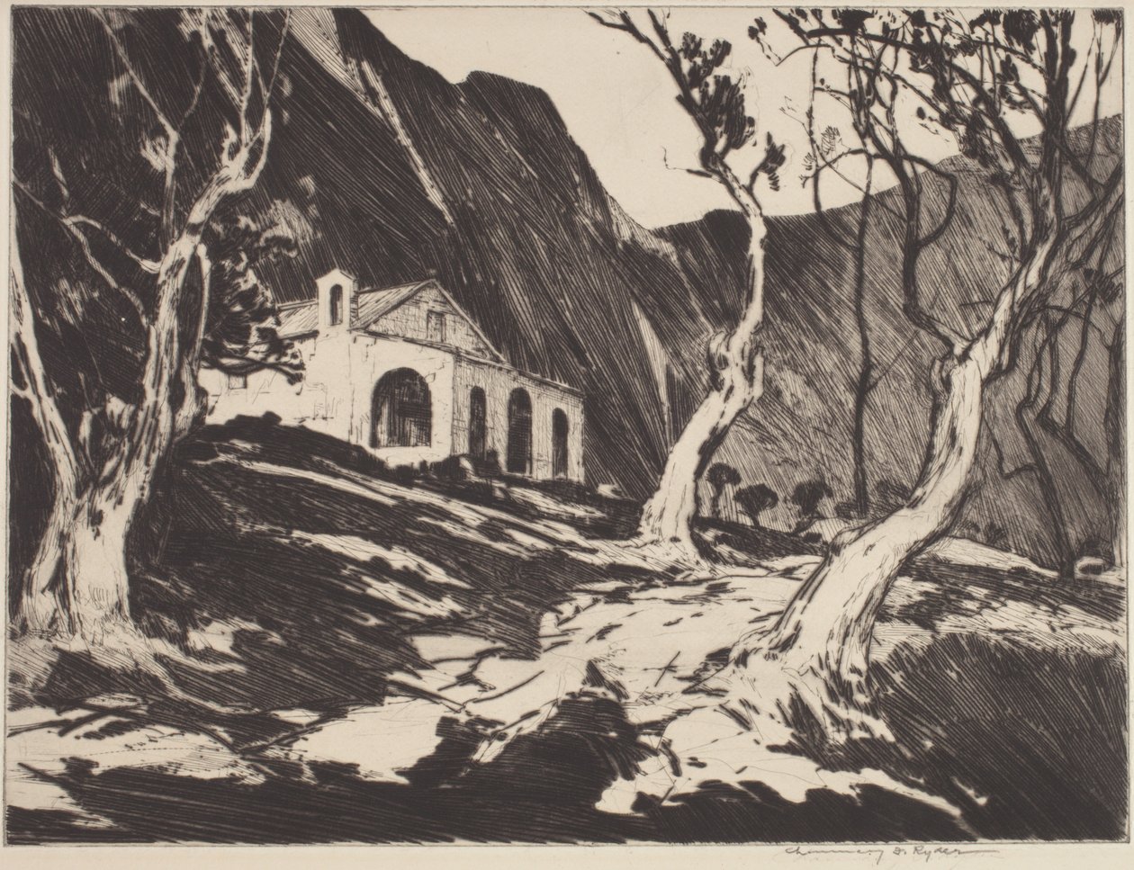 Antigua capilla de Gorbio (punta seca) de Chauncey Foster Ryder