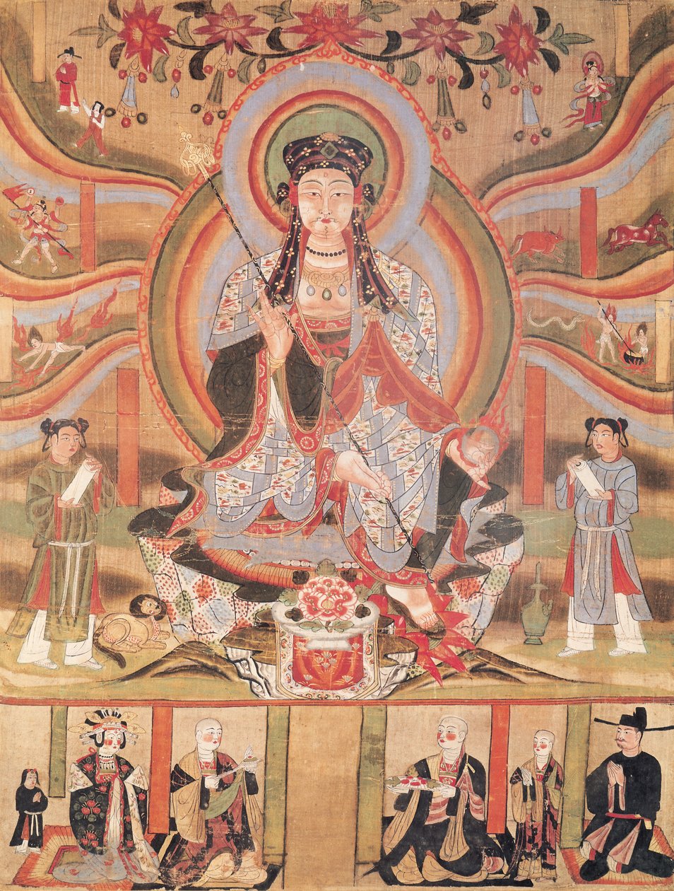 Estandarte budista que representa a Dizang y los seis caminos hacia el renacimiento, de Dunhuang (pintura sobre seda) de Chinese School