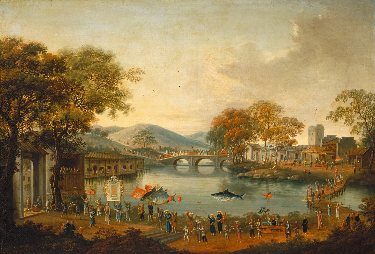 Procesión junto a un lago de Chinese Qing Dynasty