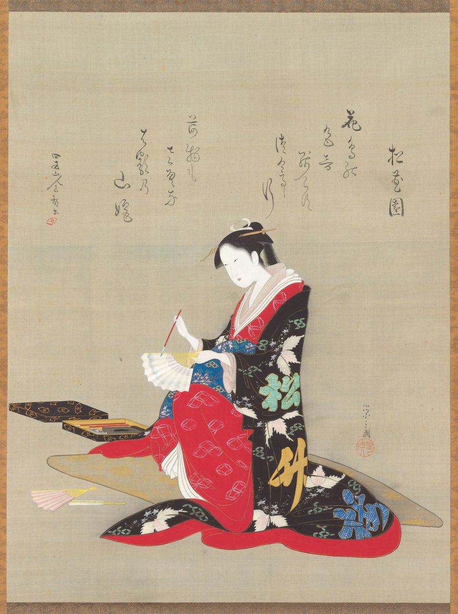 Belleza escribiendo un poema en un abanico de Chobunsai Eishi