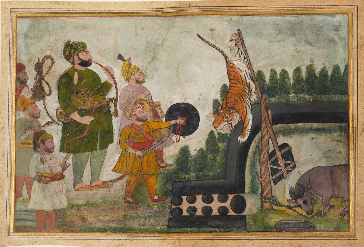 Rawat Gokul Das inspecciona un tigre atrapado, 1810-1815 de Chokha
