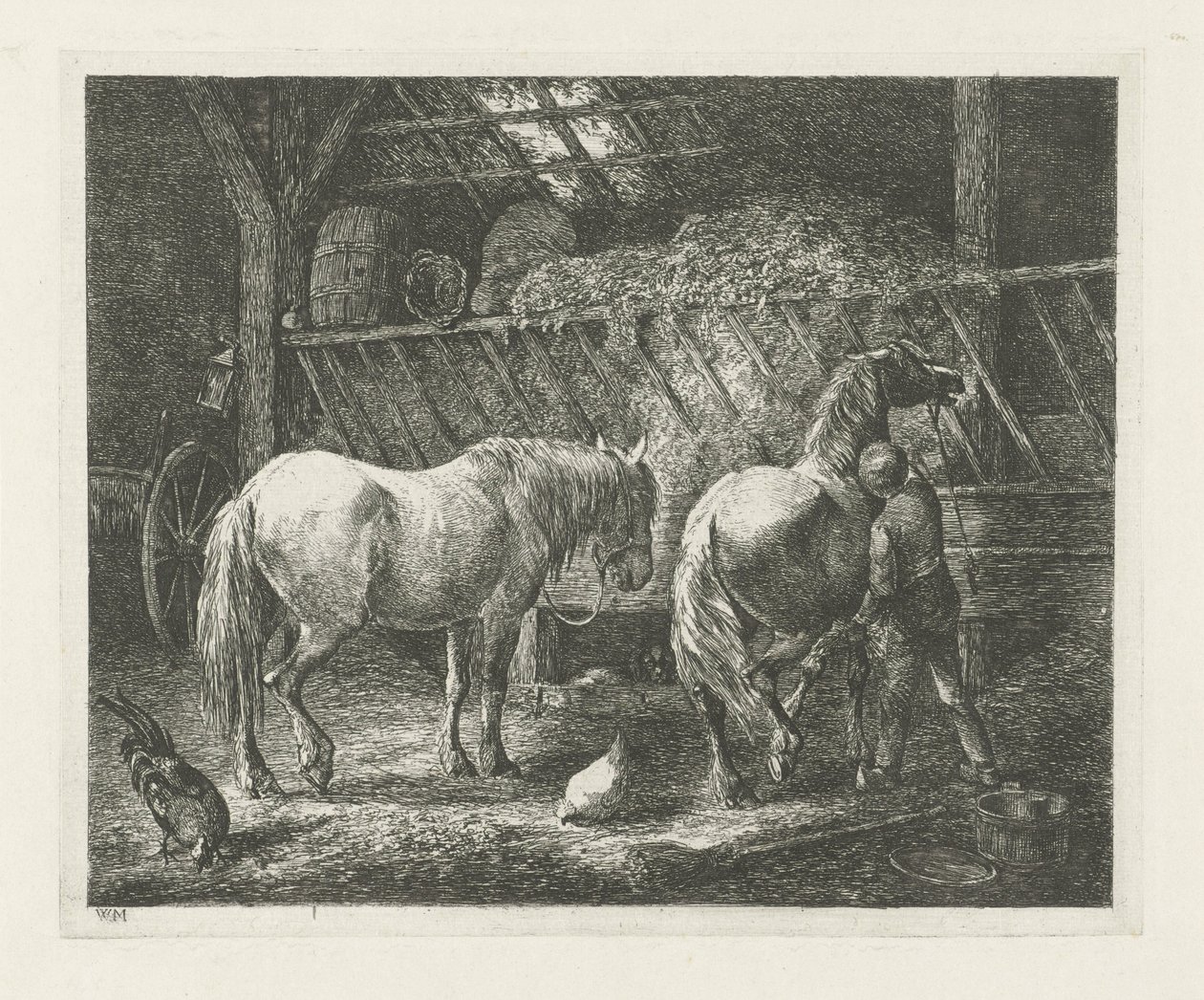 Interior estable con dos caballos de Christiaan Wilhelmus Moorrees