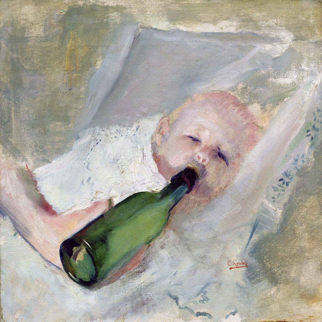 Bebé con biberón (óleo sobre lienzo) de Christian Krohg