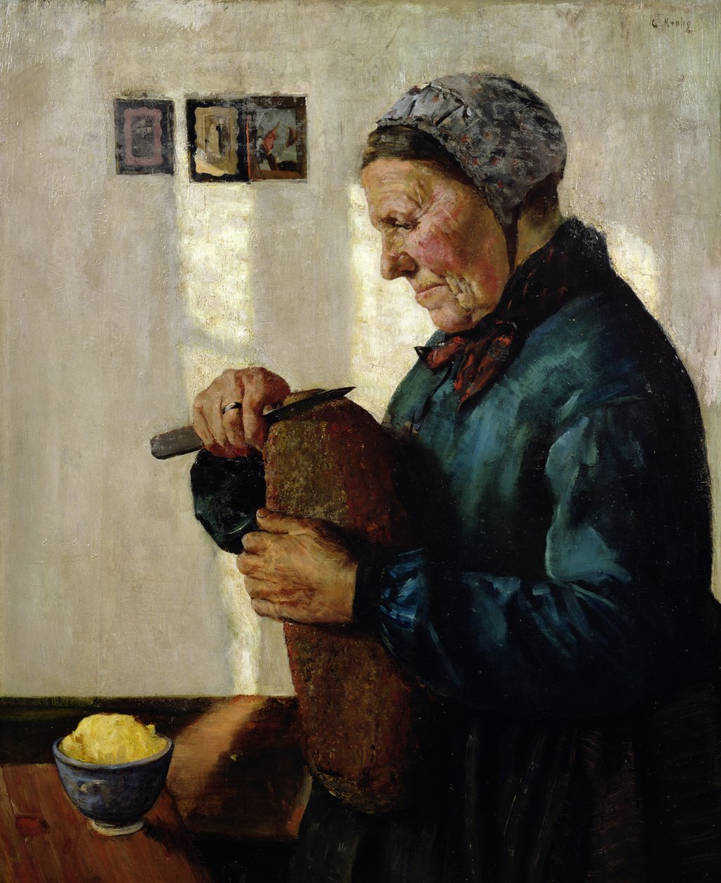 Mujer cortando pan de Christian Krohg