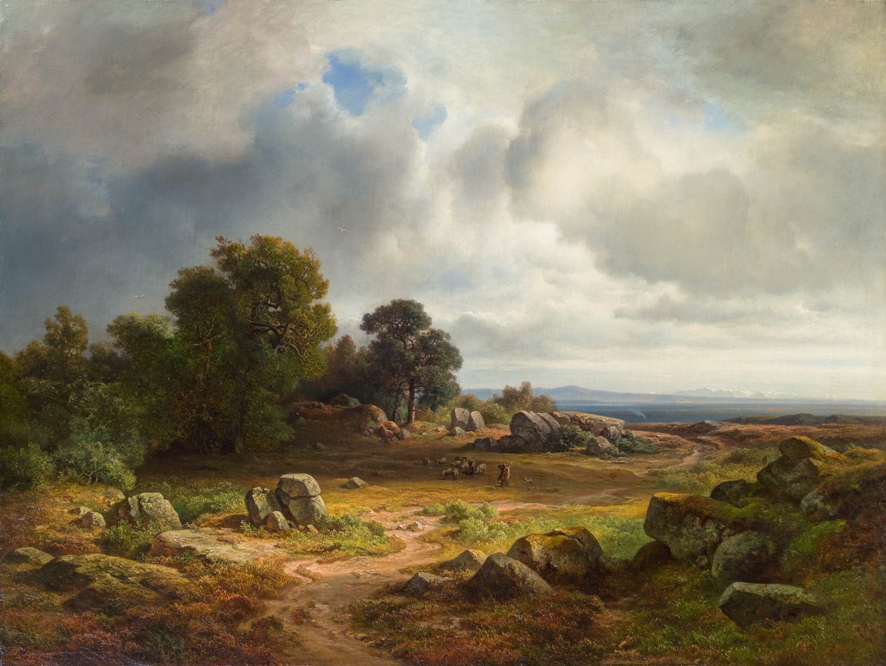 Amplio paisaje con rebaño de ovejas de Christian Morgenstern