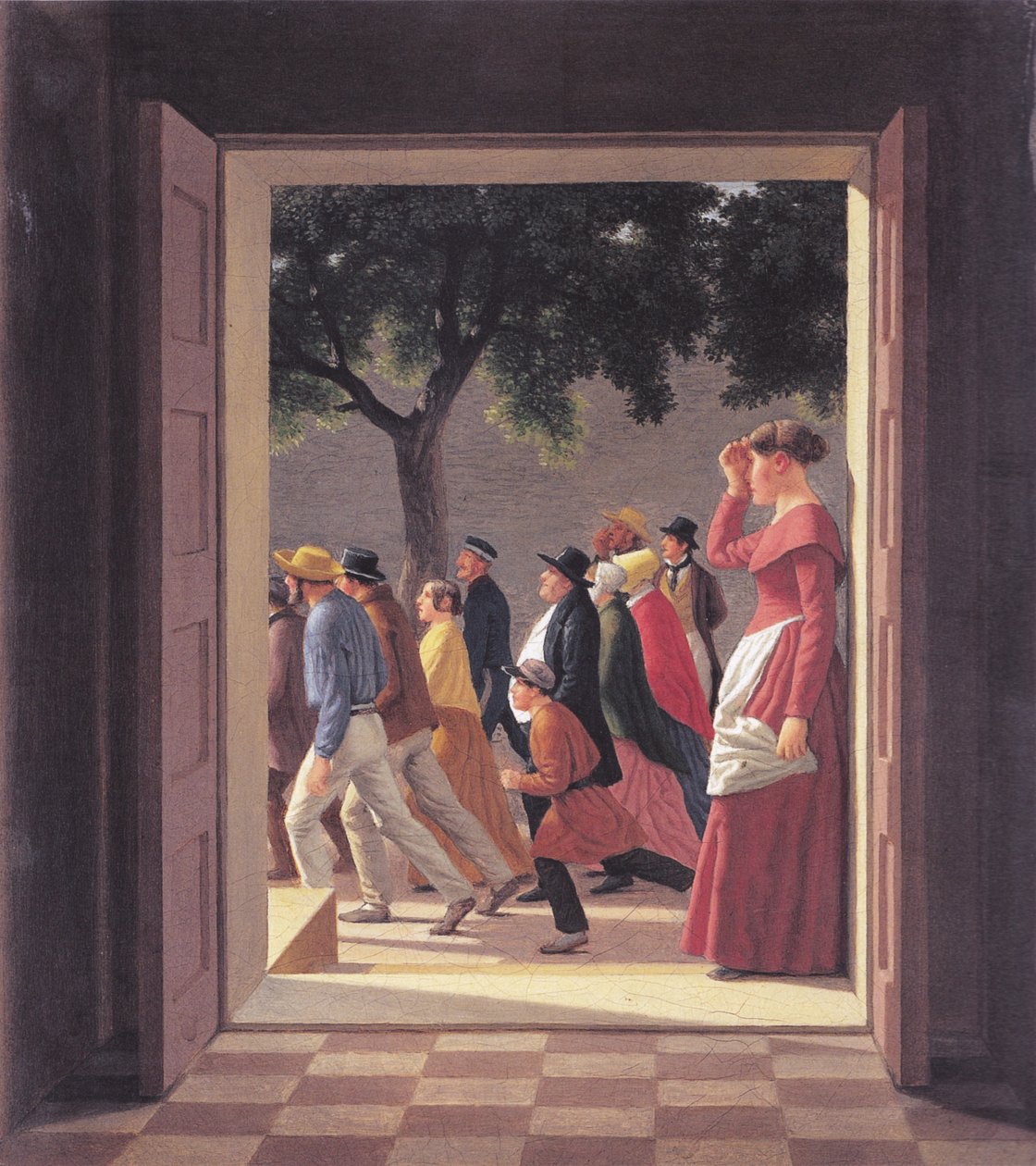 Vista a través de una puerta a figuras corriendo de Christoffer Wilhelm Eckersberg