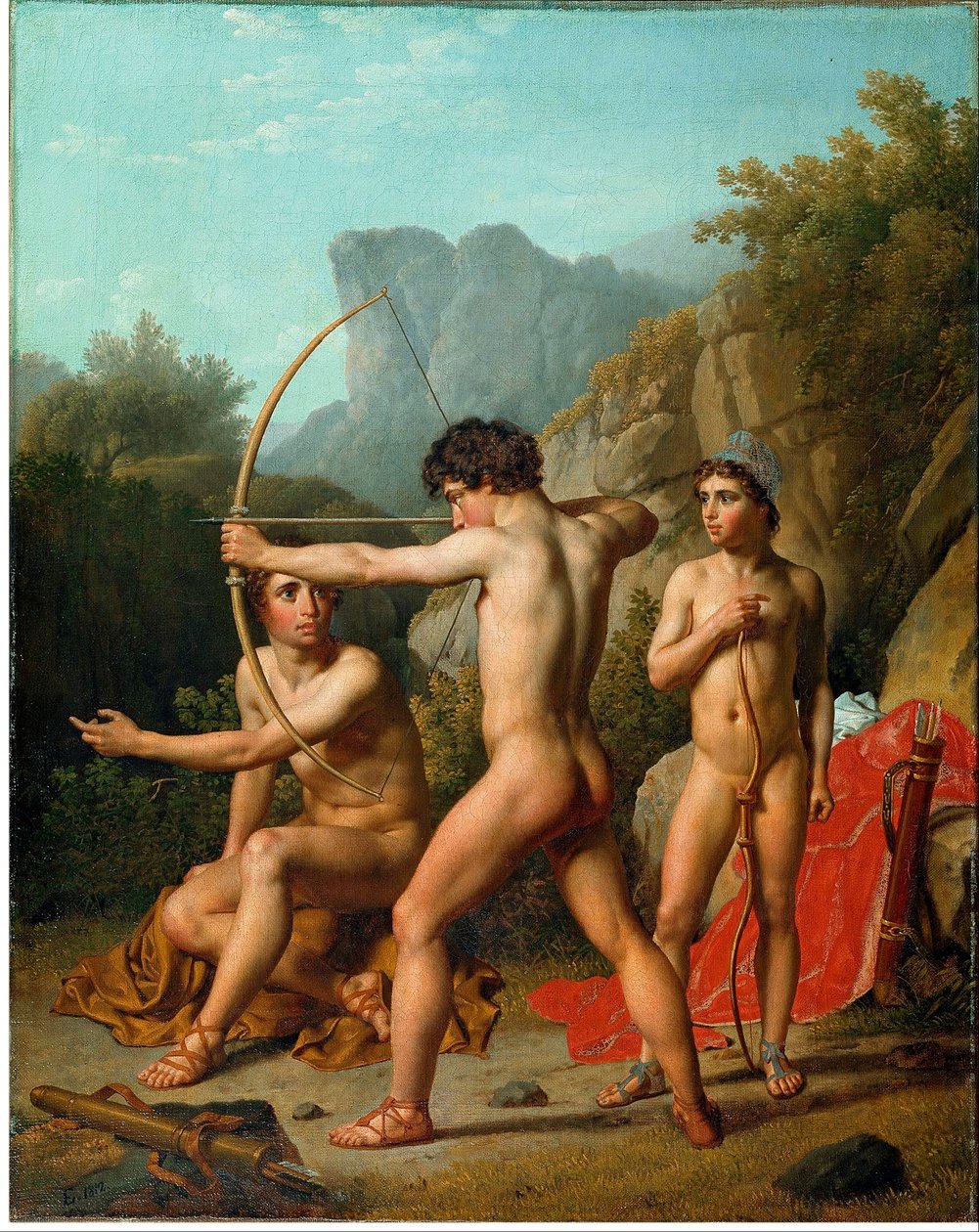 Tres chicos espartanos practican tiro con arco de Christoffer Wilhelm Eckersberg