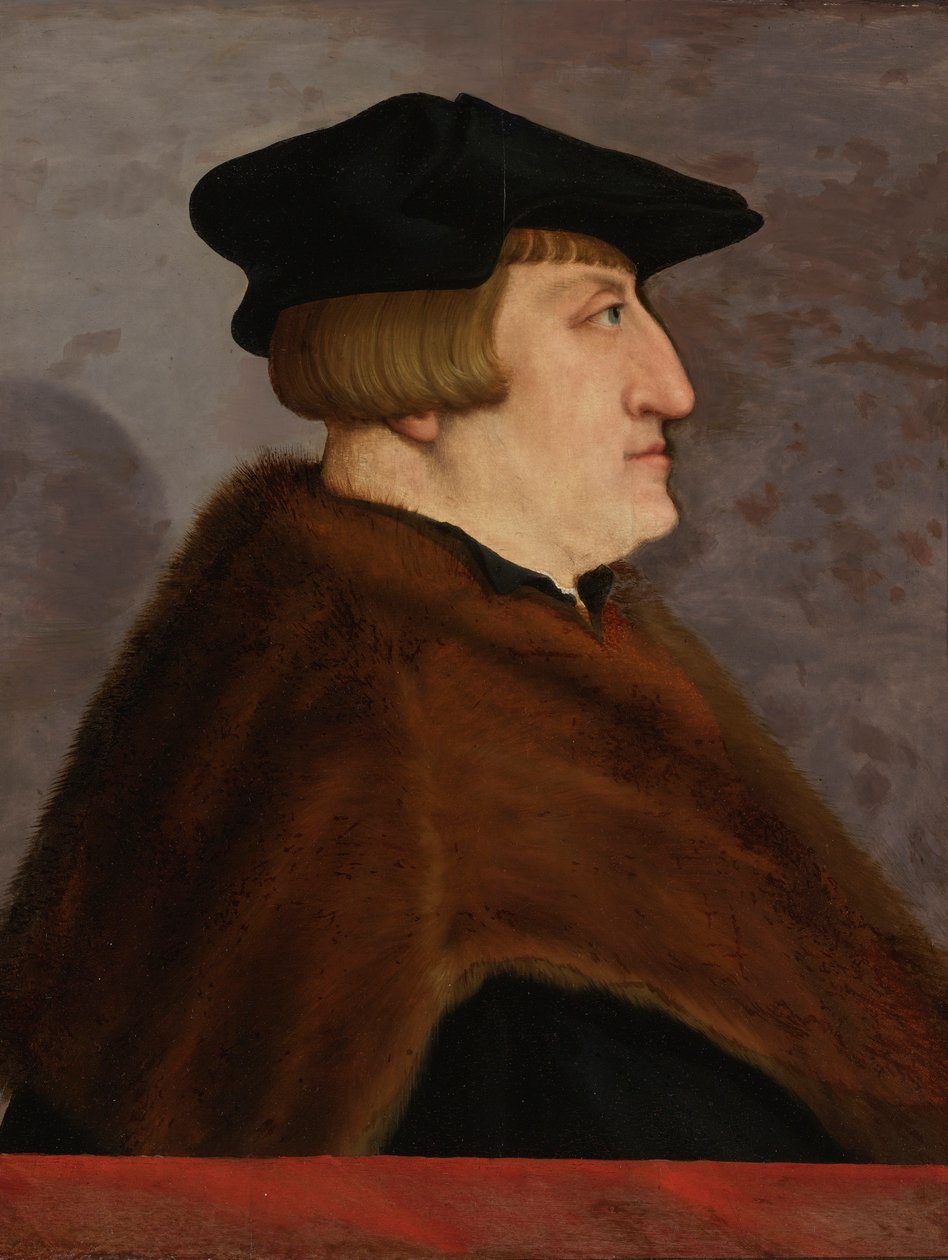 Retrato de perfil de un caballero de medio cuerpo, con sombrero negro y chaqueta de piel, frente a una barandilla de Christoph Amberger