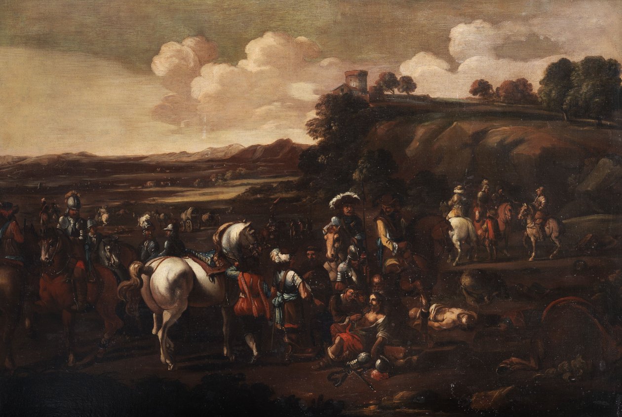El descanso después de la batalla con un cirujano atendiendo a un guerrero de Circle of Michelangelo Cerquozzi
