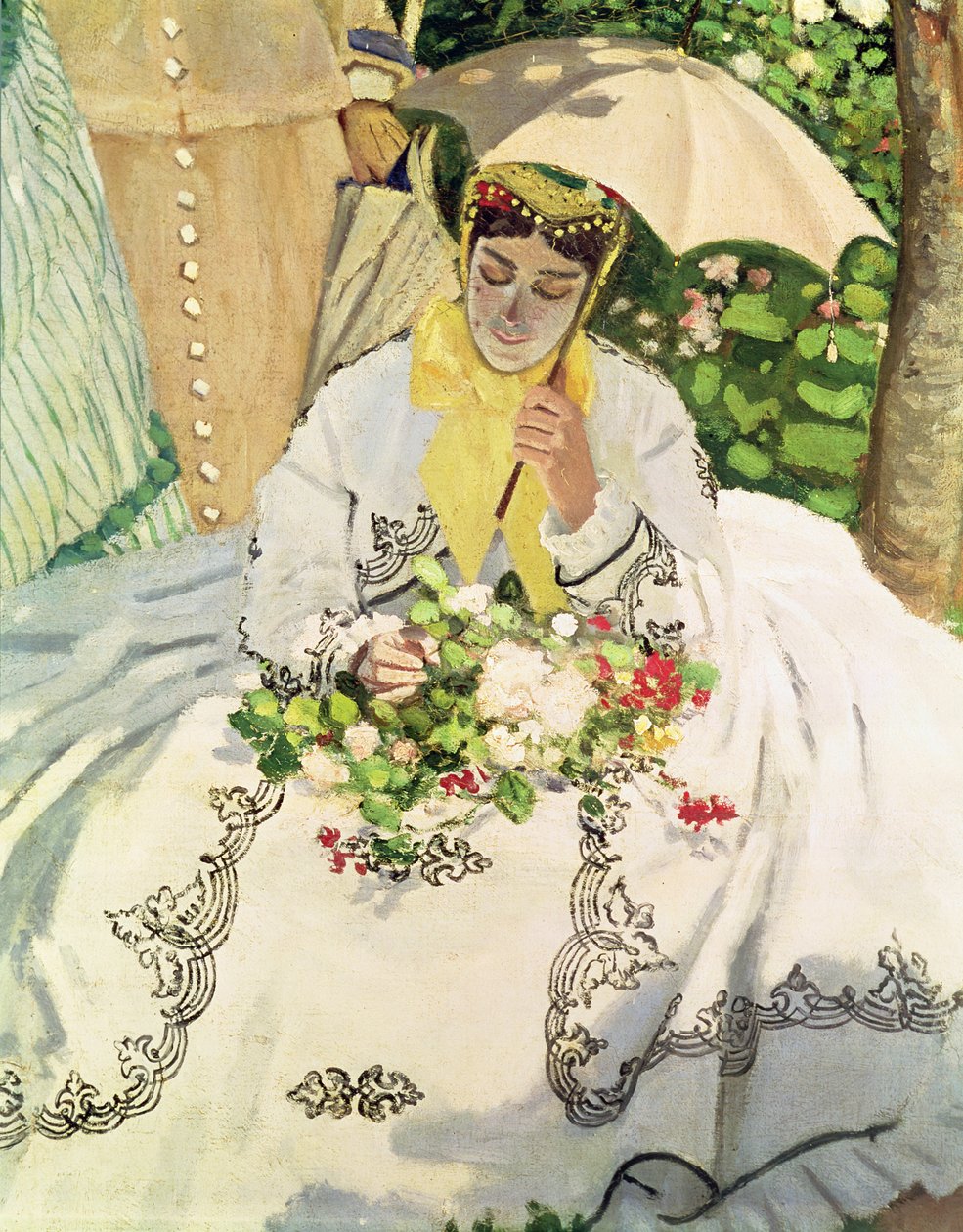 Mujeres en el jardín (detalle de una joven sentada con un parasol) de Claude Monet