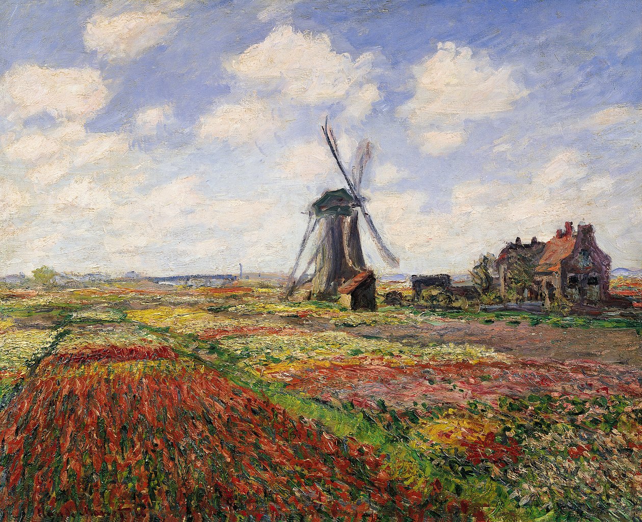 Campos de tulipanes con el molino de viento de Rijnsburg, 1886 de Claude Monet