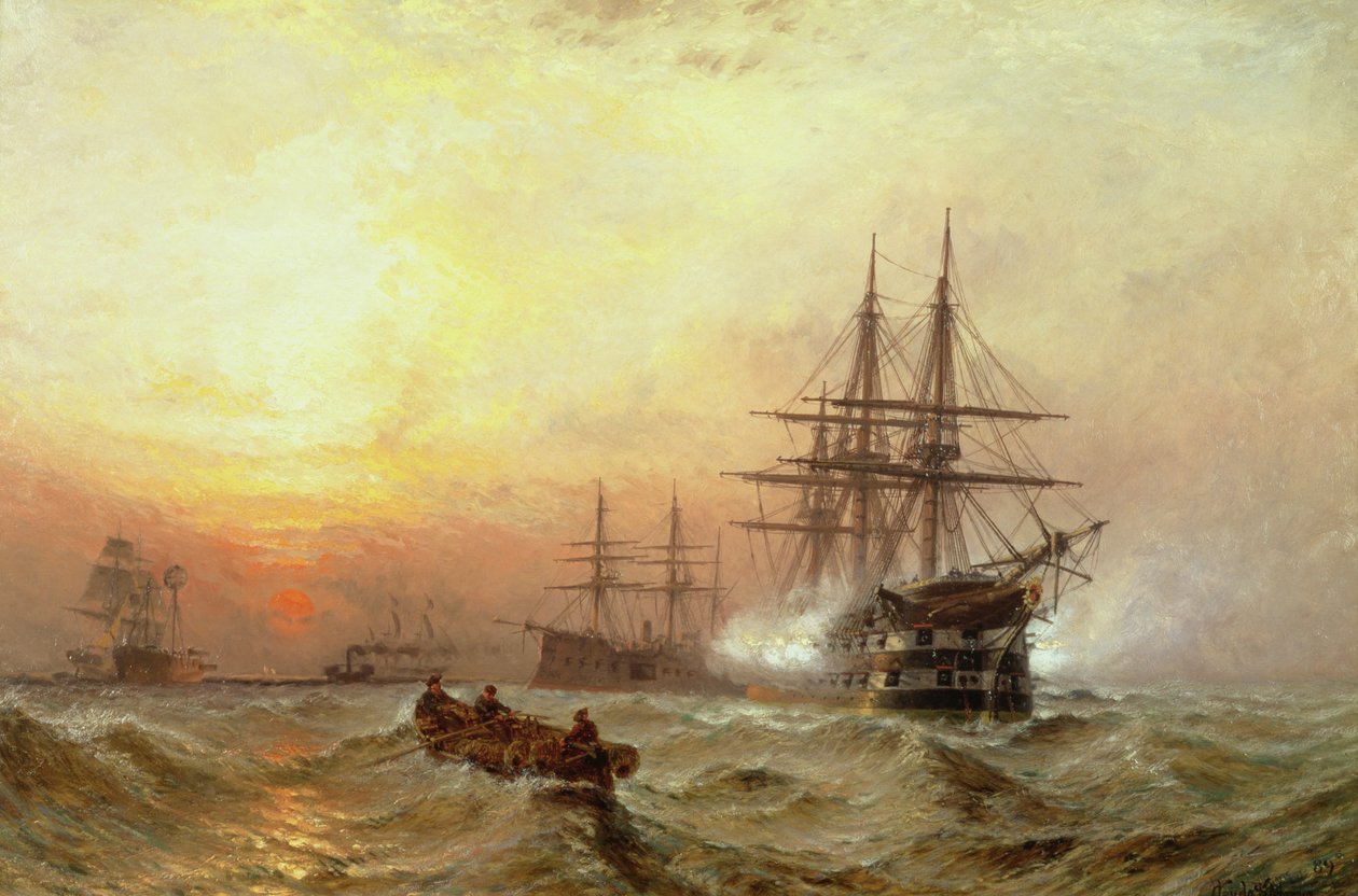 Buque de guerra disparando un saludo al atardecer de Claude T. Stanfield Moore