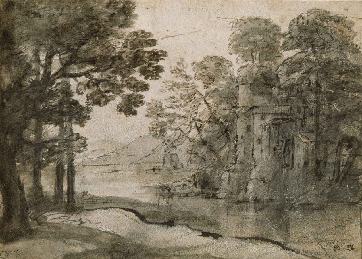 Molino de agua entre árboles, c. 1635-1638 de Claude Lorrain