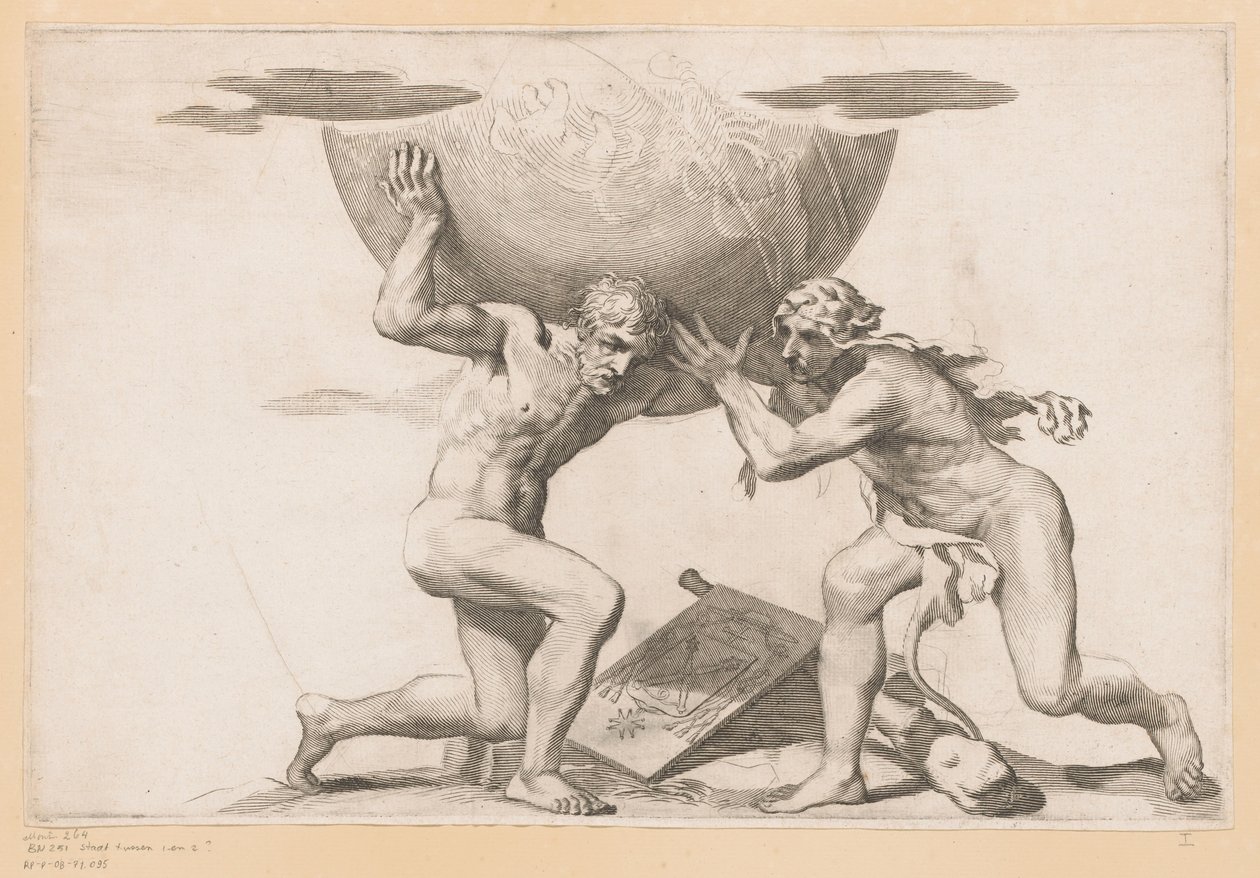 Atlas le da la esfera celeste a Hércules de Claude Mellan (possibly)