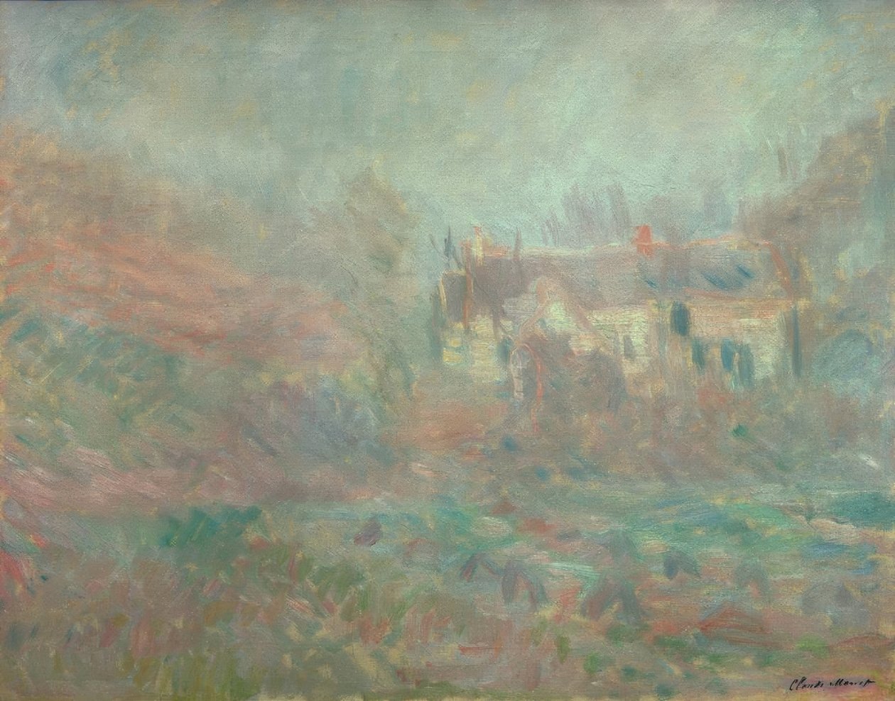 Casas en Falaise, niebla de Claude Monet