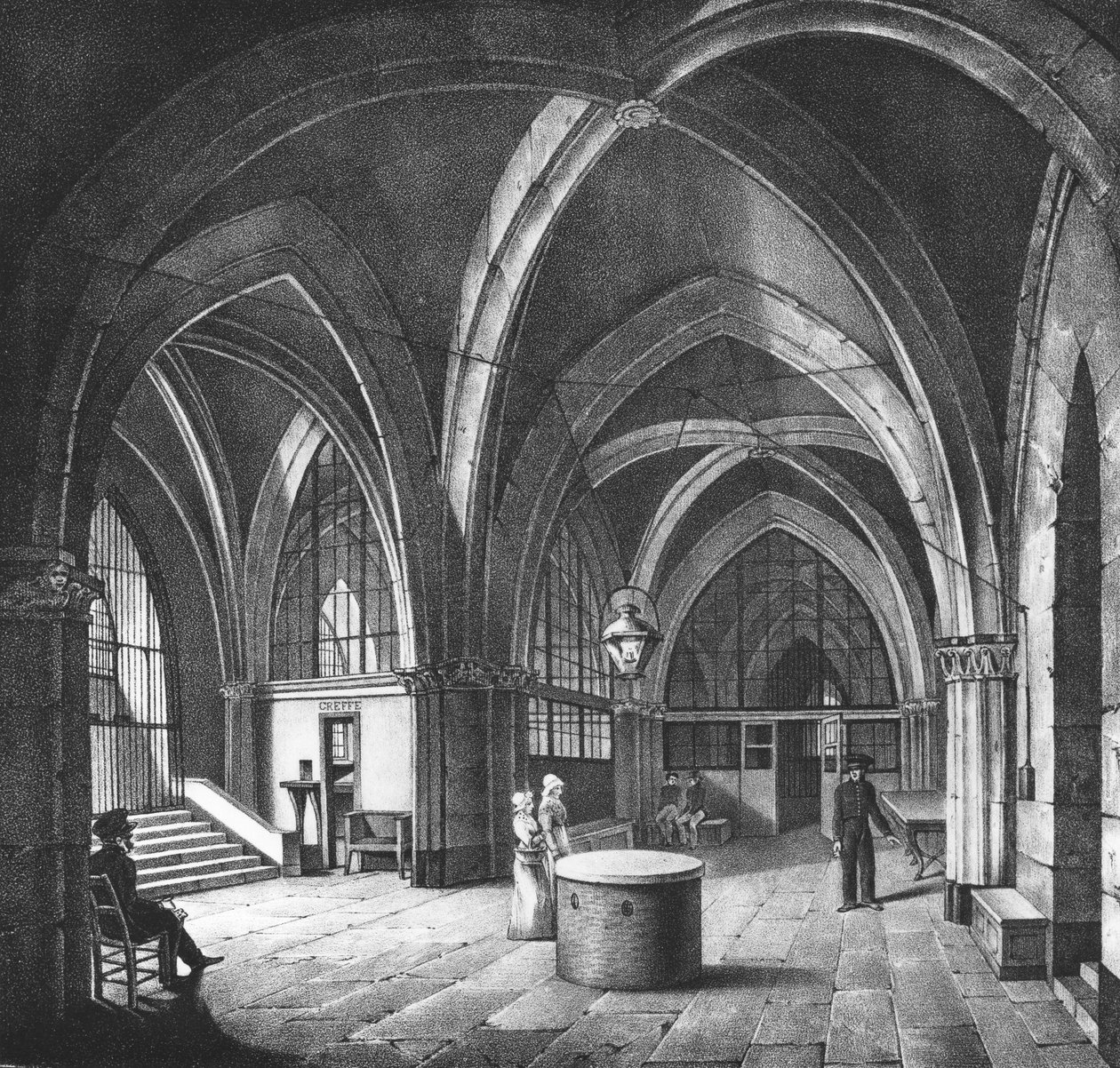 Vista interior de la sala de entrada en la prisión de la Conciergerie, grabado por Alphonse Urruty (1800-70) c.1831 de Collard