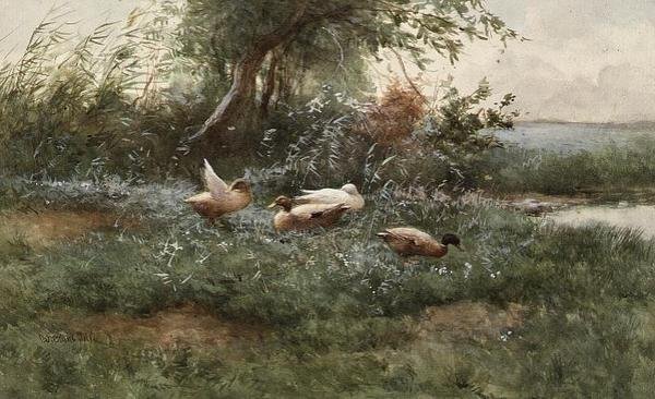 Patos junto a un estanque (óleo sobre lienzo) de Constant Artz