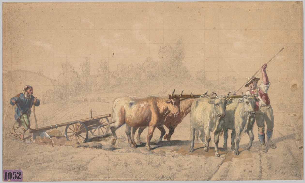 Cuatro bueyes tirando de un arado, 1853 de Constant Troyon