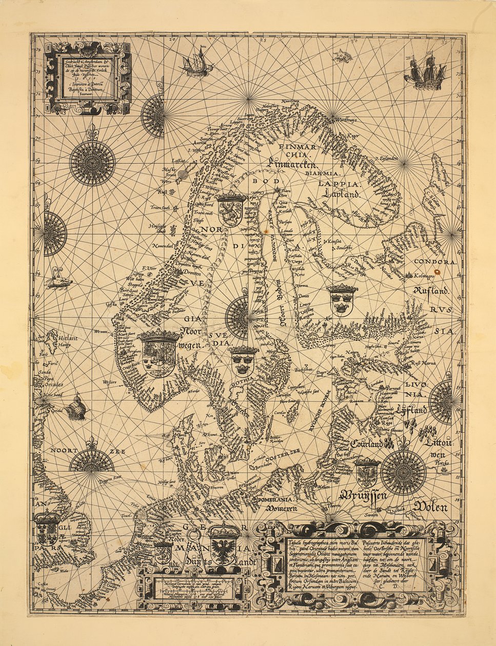 El mapa fue publicado en Ámsterdam (1610) y muestra Escandinavia, Noruega de Cornelis Doedsz