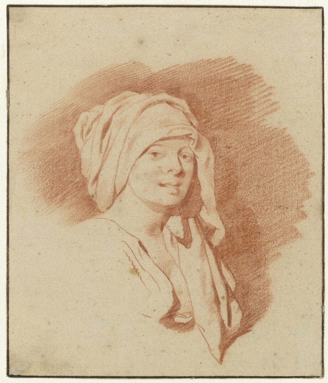 Dibujo a sanguina de un busto de una mujer con una toalla alrededor de la cabeza de Cornelis Pietersz Bega