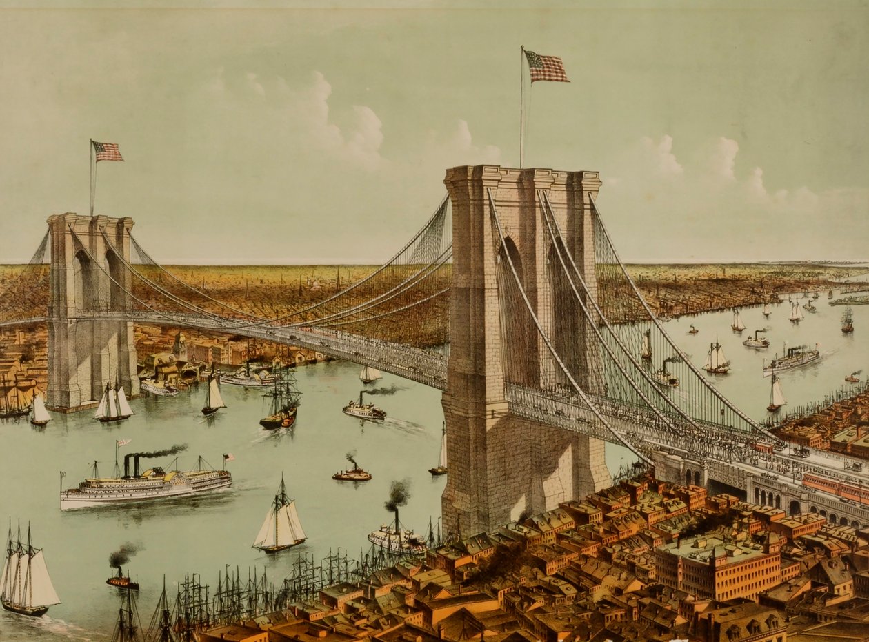 Puente colgante del Gran Río Este de Currier and Ives
