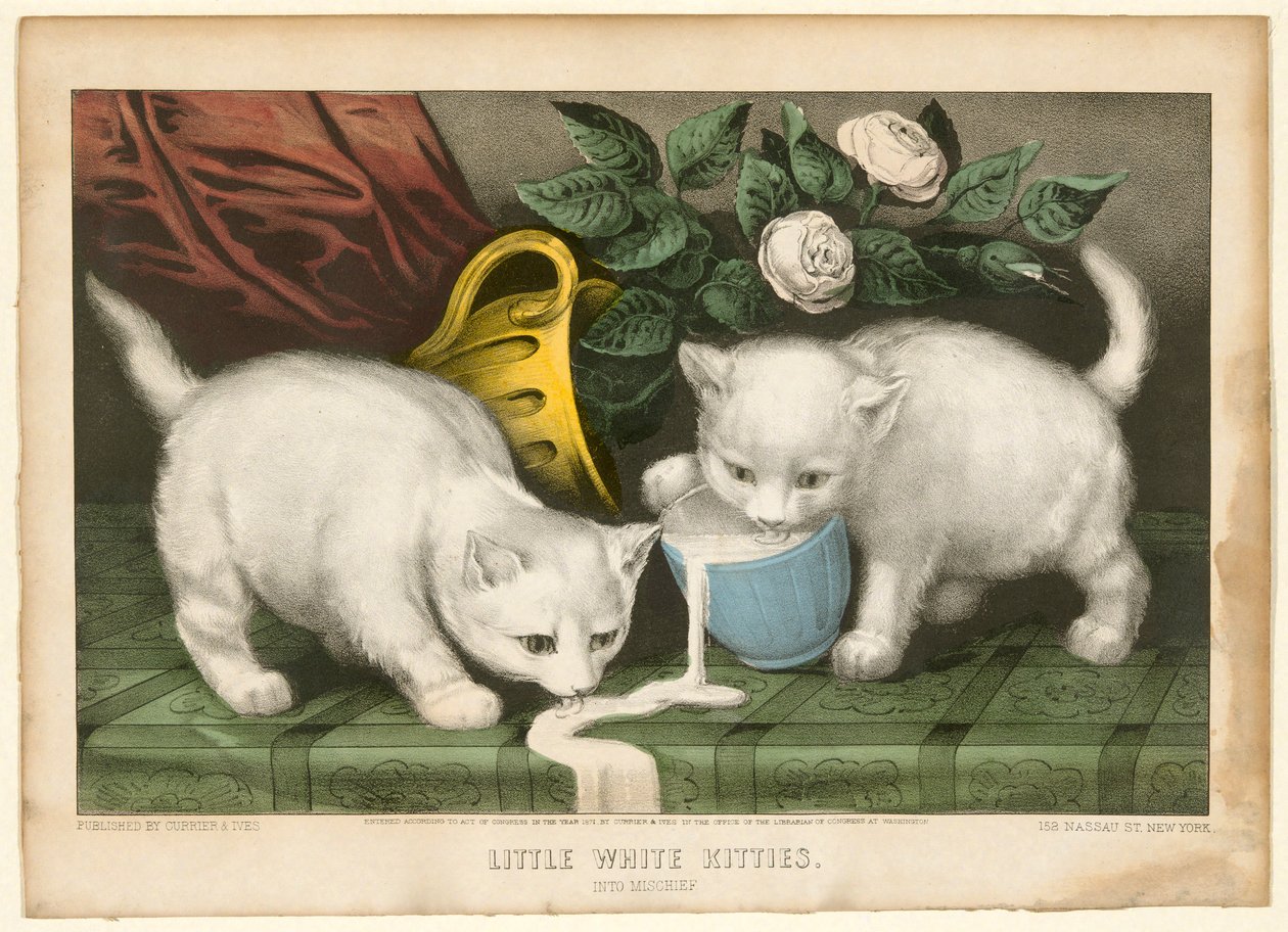 Pequeños gatitos blancos en travesuras de Currier and Ives