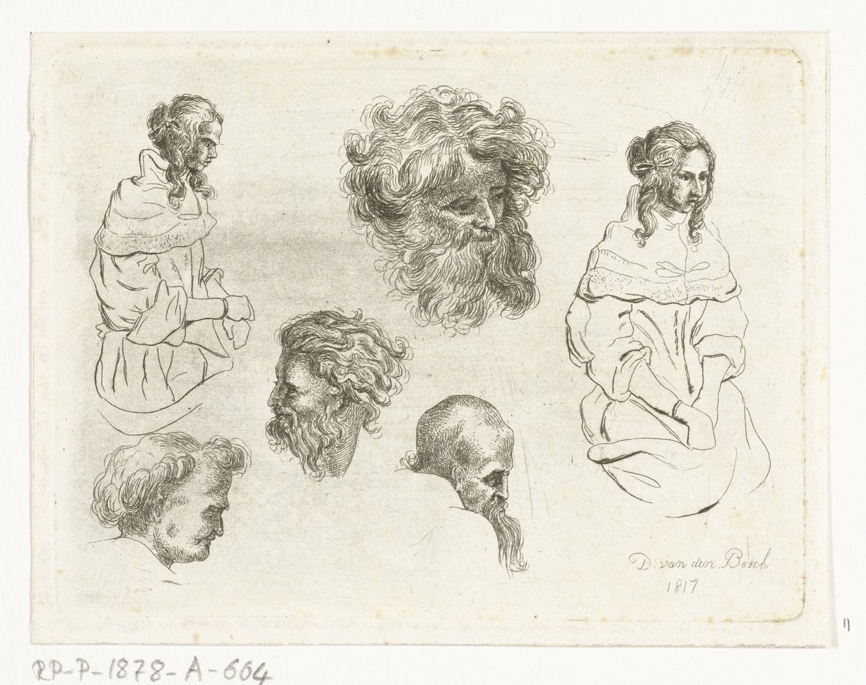 Hoja de estudio con cabezas y cuerpos femeninos. de D. van den Bosch