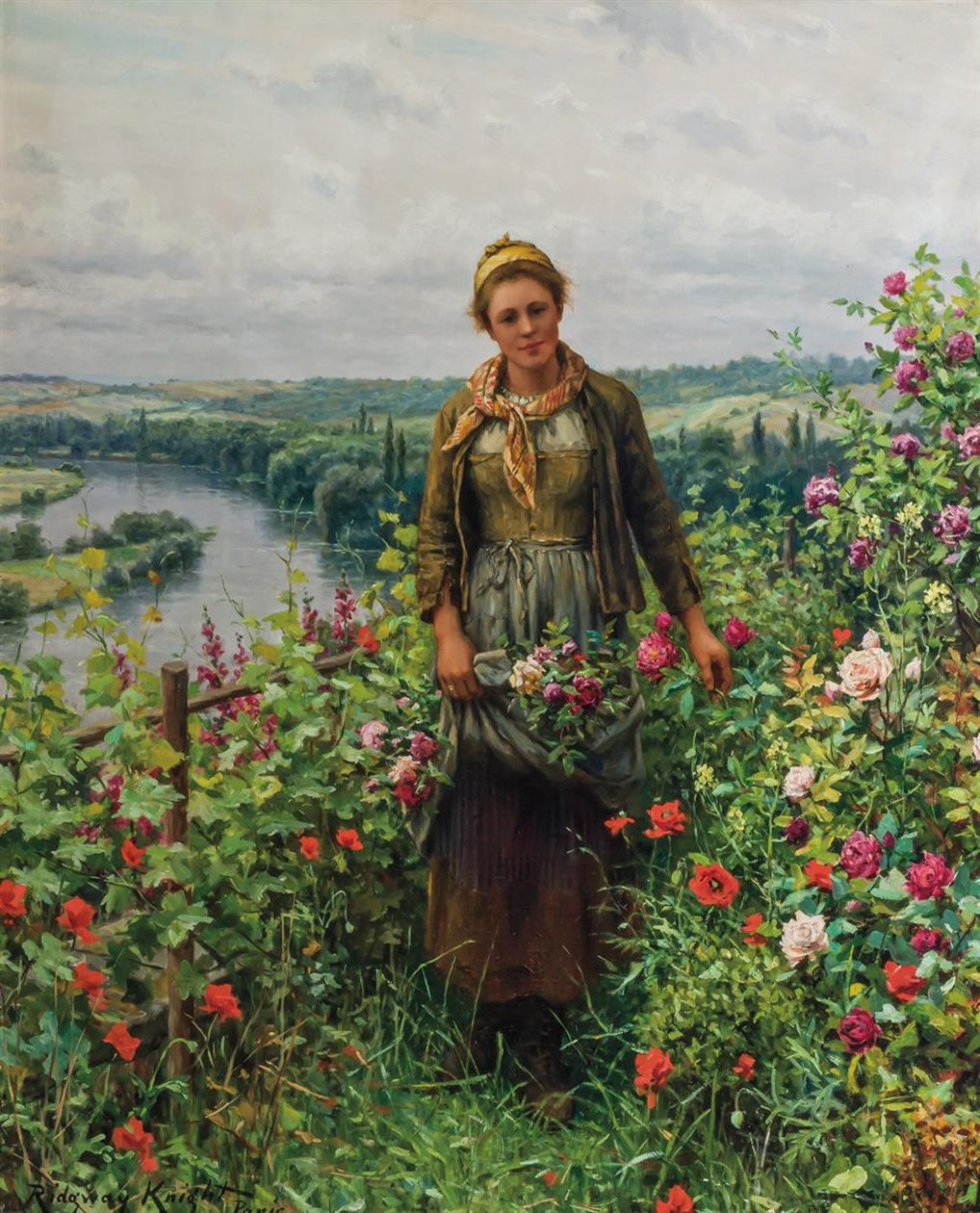 Una doncella en su jardín de Daniel Ridgway Knight