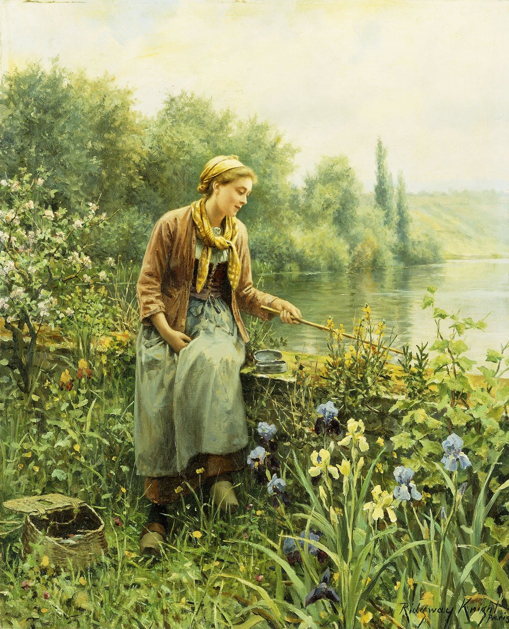 Pescando en un día de primavera de Daniel Ridgway Knight