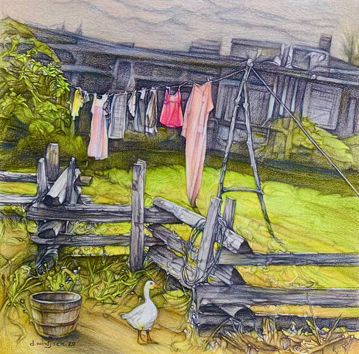 El tendedero, 2020 (lápiz sobre papel) de Darrell Windjack