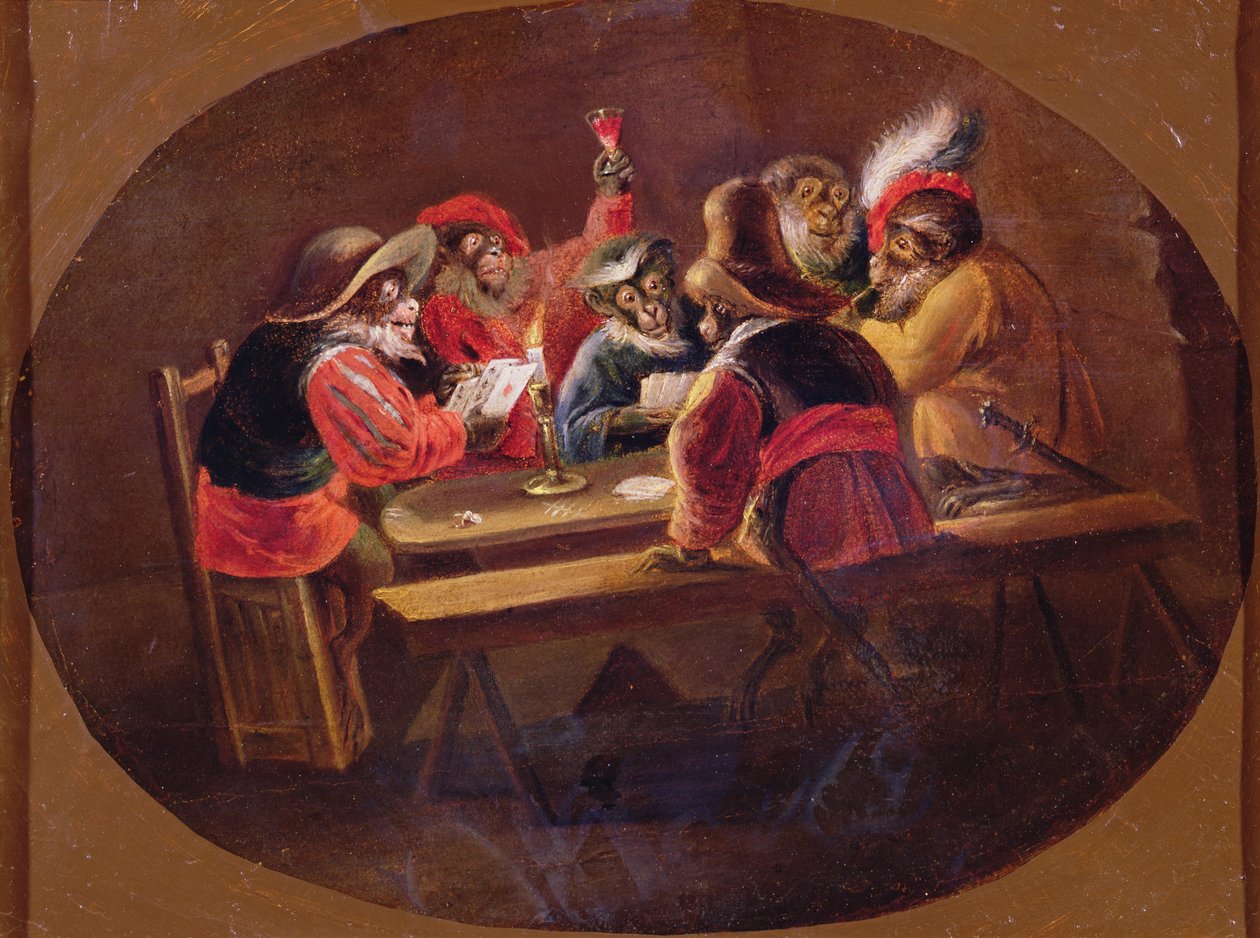 Monos vestidos como soldados jugando a las cartas y festejando de David Teniers the Younger