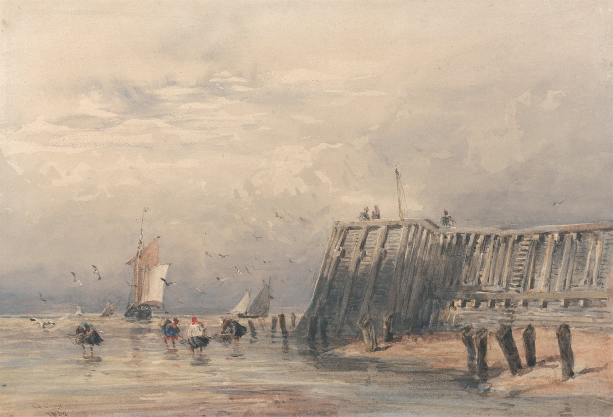 Barcazas de vela y camaroneros en un muelle de David Cox